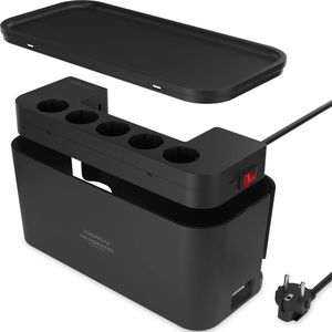 ACROPAQ Kabelbox inclusief stekkerdoos en USB lader - 5-voudig + 3 x USB-A, Met schakelaar - Opbergbox, Snellader Iphone en Samsung, Kabel organiser - Zwart