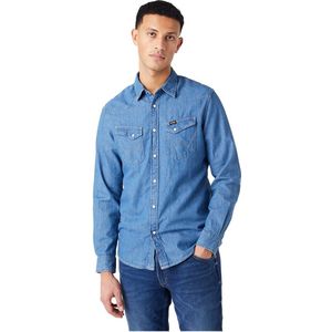 Wrangler - Western Overhemd - Middenblauw - 100% Katoen - Lange Mouwen