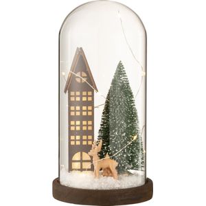 J-Line decoratie stolp Huis Kerst - glas/hout - bruin/groen - large - LED lichtjes