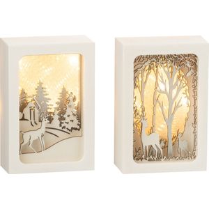 J-Line decoratie kerstdorpje - kader 3D winter - pvc/glas - zilver - LED lichtjes - 2 stuks