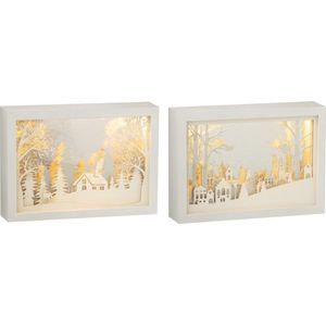 J-Line decoratie Kader 3D Winter - pvc/glas - zilver - LED lichtjes - 2 stuks
