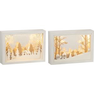 J-Line decoratie kerstdorpje - kader 3D Winter - pvc/glas - goud - LED lichtjes - 2 stuks