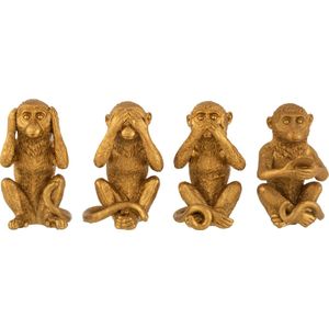 J-Line Aap Horen & Zien & Zwijgen & Gsm decoratie - polyresin - goud - 4 stuks - woonaccessoires