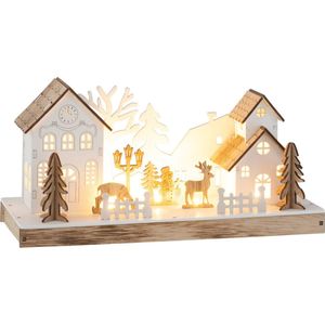 J-Line Kerstdorp met verlichting - deco winter - hout - naturel & wit - small - woonaccessoires