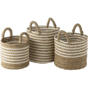 J-LINE Set van 3 Manden - Strepen - Raffia - Wit/Natuur