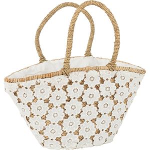 J-Line Strandtas Kant Bloem Patroon Jute Naturel/Wit