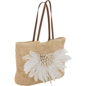 J-Line strandtas Met Schelpen/Veren - riet - naturel/wit