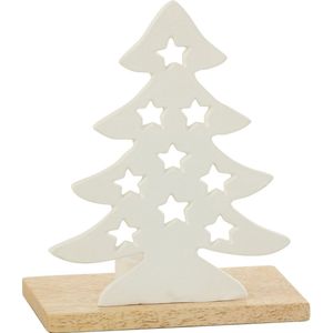 J-Line kaarshouder - theelichthouder Kerstboom - aluminium/hout - wit - small - 2 stuks