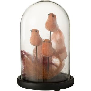 J-Line decoratie Stolp 3 Vogels + Pluimen - glas - roze/bordeaux