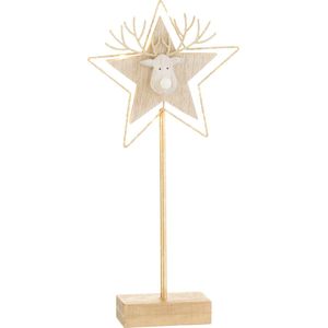 J-Line decoratie Rendier/Ster op voet - hout - goud/wit - LED lichtjes - small