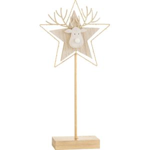 J-Line decoratie Rendier/Ster op voet - hout - goud/wit - LED lichtjes - large