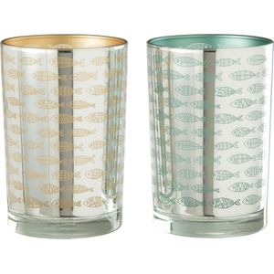 J-Line windlicht Vissen - glas - beige/blauw - large - 2 stuks