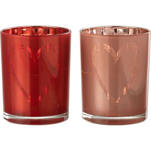 J-Line windlicht Hart - glas - rood/roze - small - 2 stuks