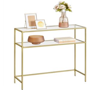 ACAZA Sidetable - Wandtafel - Consoletafel - 100x35x80 cm - Bijzettafel met 2 planken - Gehard Glas - Goud - Console tafel