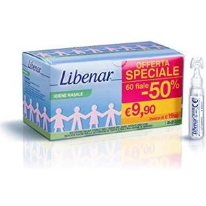 Libenar Isotonische oplossing, fysiologische zoutoplossing voor het reinigen van neus, ogen, oren en voor inhalatie in aerosol, geschikt voor baby's en kinderen, wegwerpflessen van 5 ml - 60 flessen