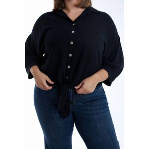 Paprika - Linnen Blouse - Donkerblauw - Driekwart Mouwen - Knoopsluiting