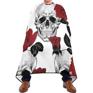 Kappersschort, grijze schedels en rode rozen, bloem met zwarte bladeren op witte kappersschort, cape, gepersonaliseerde kapperscape, antistatische schort voor het knippen van haar voor vrouwen