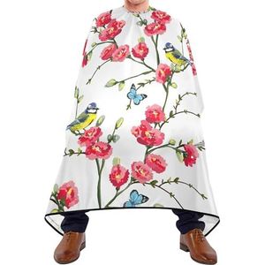 Kappersschort, Japanse lenteboomtakken met rode bloemen, vogels en groene bladeren, kappersmantel, uniseks schort, gepersonaliseerde kapperscape voor kinderen, kapper, kapper, kapper, kapper