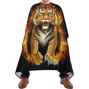 Kappersschort Geel Angst Tijger In Brandende Vlammen Vuur Met Zwarte Achtergrond Salon Cape Antistatische Schort Waterdichte Kappers Salon Cape Voor Kleuring Kapsalon