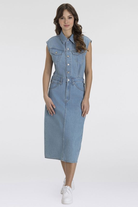Blousejurk - Effen - Denim - Mouwloos - Knoopsluiting