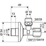 Hoekregelkraan Schell haaks met rozet 3/8" out x 10 mm knel of 3/8" out