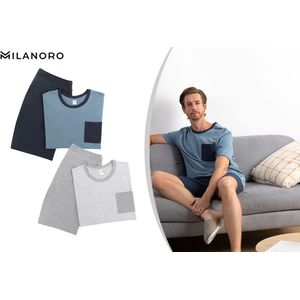 Milanoro - Zomerpyjama - Blauw/wit gestreept - Katoen - Korte Mouwen en Korte Broek