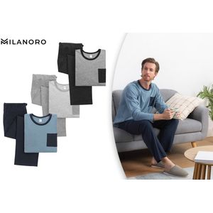 Milanoro - Katoenen Pyjama - Zwart/grijs - Voor Heren