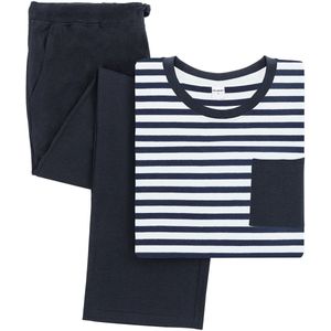 Milanoro Herenpyjama Blauw/Wit - L - Katoen - Comfortabele Nachtkleding met Trekkoord