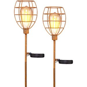 MaxxGarden Tuinverlichting op Zonne Energie - Solar Tuinverlichting met Sensor - Roestkleur - Tuinfakkel op Zonne-energie voor buiten - Tuinsteker met Grondspies - 12x90cm - 2 stuks