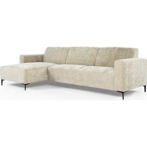 Chiné - Sofa - 3-zit bank - chaise longue links - taupe gespikkeld - zacht zittende polyester stof - stalen pootjes - zwart