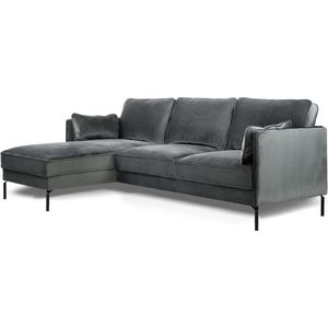 Piping - Sofa - 3-zit bank - chaise longue links - donkergrijs - fancy velvet - stalen pootjes - zwart