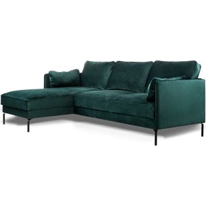 Piping - Sofa - 3-zit bank - chaise longue links - groen - fancy velvet - stalen pootjes - zwart