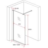 Douchewand rookglas 100 x 200 cm met zwarte profiel en stabilisatiestang