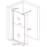 Douchewand rookglas 140 x 200 cm met zwarte profiel en stabilisatiestang