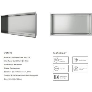 Aloni Inbouwnis Roestvrij Staal 30x60x10cm