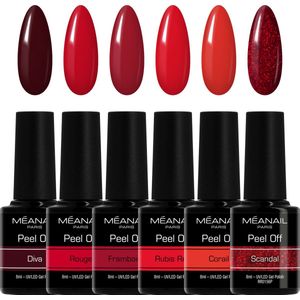 Méanail - Gellak – Hema Vrij - 6 flesjes - Peel Off - Gel nagellak - Gellak Starterspakket Rood