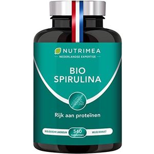 Spirulina BIO - Zonder hulpstoffen & OGM - 19% Phycocyanine - Rijk aan eiwitten, IJzer & Antioxidanten - 540 Vegan tabletten van 500 mg - 6 maanden kuur - Franse fabricatie - Nutrimea