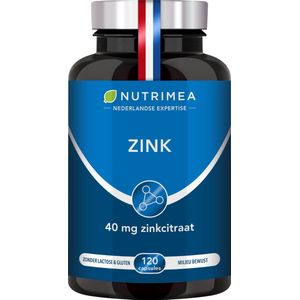 ZINK Citraat - Behandeling voor acne - Ondersteunt immuunsysteem - 120 plantaardige capsules met 12.5 mg Zink element (Zn) - Hoge opname - Franse fabricatie - Nutrimea