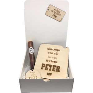 Geschenkbox Wil jij mijn PETER zijn? | zwart | gsm-houder | sigaar |  sleutelhanger | peter vragen | meter worden | peetoom vragen | peetoom worden | cadeau | doosje met een vraag