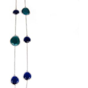 Lange zilveren collier halsketting Model Magic Colors gezet met blauwe en groene stenen