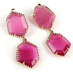 Zilveren oorringen oorbellen Model Hexagon met roze stenen
