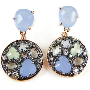 Oorringen Model Colorfull Shine zilveren oorringen oorbellen roos goud verguld gezet met blauwe stenen