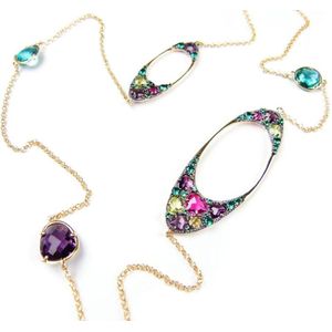 Zilveren collier halsketting geel goud verguld Model Magic Stardust Big gezet met gekleurde stenen paars, groen, en fushia