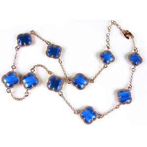model 10 Fiori collier in zilver roze verguld 10 kobaltblauwe klavers