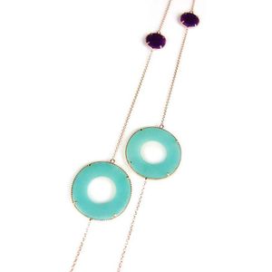 Zilveren halsketting halssnoer collier roos goud verguld Model Modern Mix gezet met blauwe en paarse stenen