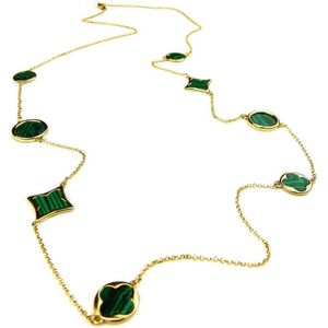 lange zilveren collier halsketting halssnoer geelgoud verguld Model Blossom met groene stenen