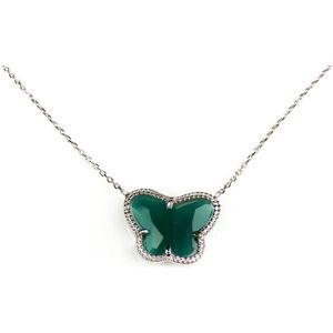 korte zilveren halsketting halssnoer collier gerhodineerd Model Vlinder met donker groene steen