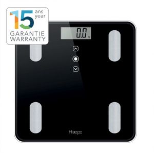 Haepi - Body Analyzer - Volledige lichaamsanalyse: BMI, Kcal, gewicht, vetmassa, botmassa, vochtgehalte, spiermassa - Modern en elegant design - Maximale capaciteit van 180 kg - 15 jaar garantie - Inclusief batterijen - Zwart.