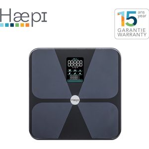 Haepi - Bluetooth-verbonden lichaamsanalyseweegschaal - Volledige lichaamsanalyse in 13 punten via de ""OnToFit"" applicatie - Groot multi-informatiescherm - Maximale capaciteit van 180 kg - 15 jaar garantie - Inclusief batterijen - Zwart.