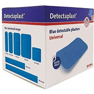 Detectaplast blauwe pleisters Universal, metaaldetecteerbare, waterdichte en vuilwerende pleisters sensitive, voor de voedingsindustrie, catering en grootkeuken, 38 x 72 mm, 50 stuks